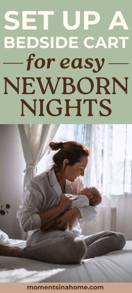 mom with newborn baby on a bed with postpartum bedside cart essentials