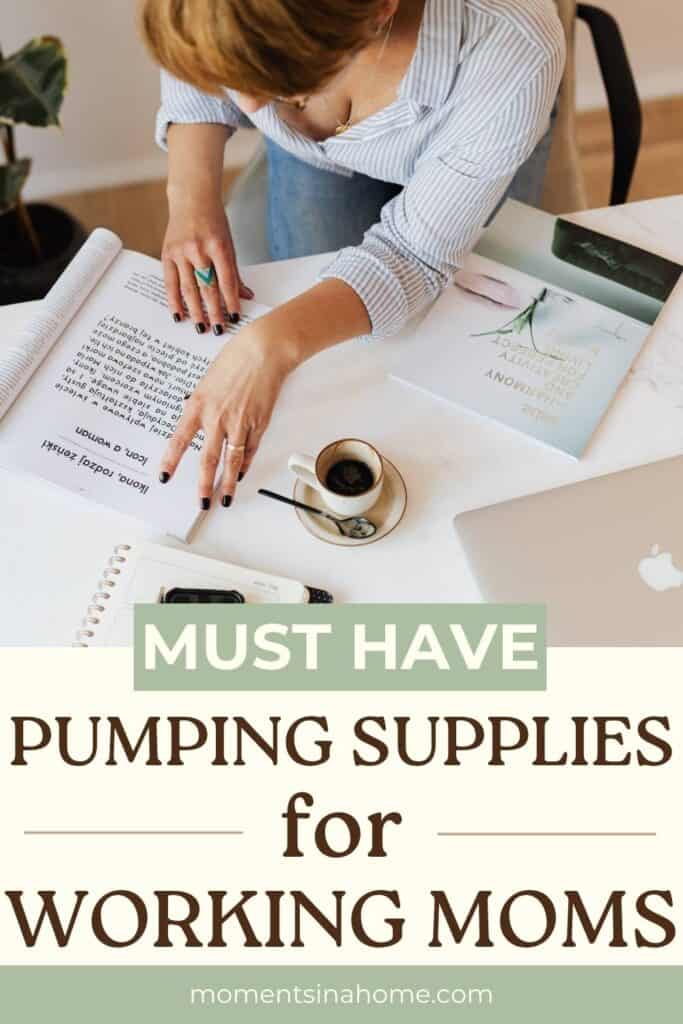 Mom working in office and pumping essentials for work